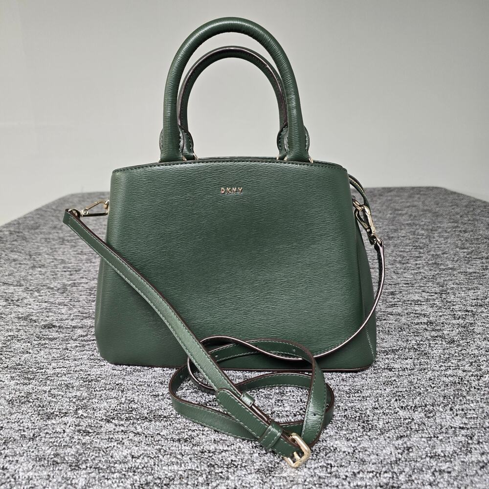 DKNY Paige Satchel Crossbody Bag Genuine Cow Leather Twill Green Gold Hardware